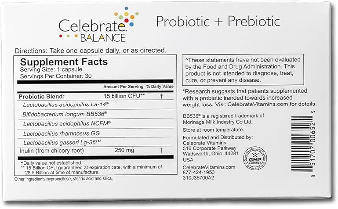 Celebrate Vitamins Balance Probiotic + Prebiotic - Post Bariatric Surgery Daily Supplement for Women &amp Men 28.5 Billion CFU - Supports Digestive &amp Immune Health Gluten Free (90 Capsules)