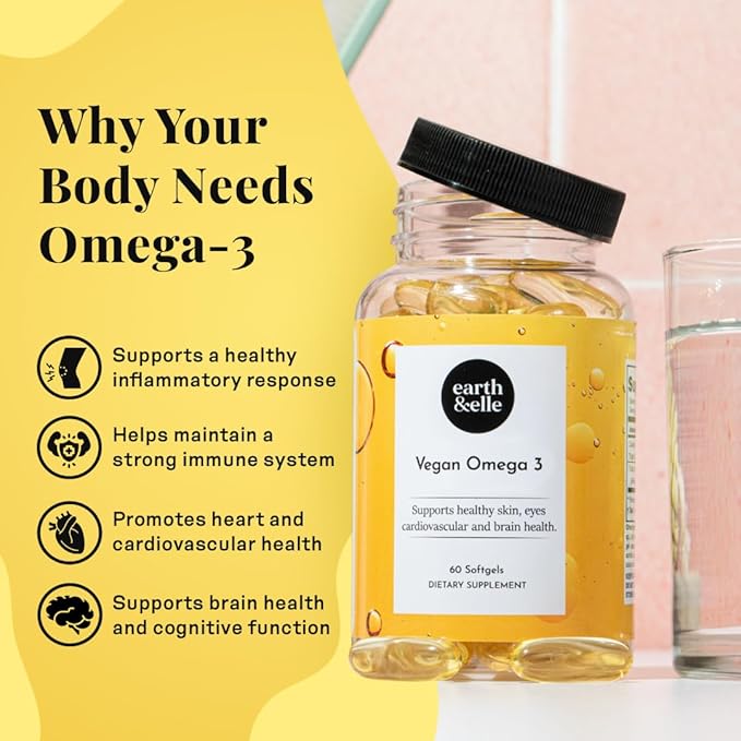 Earth &amp Elle Algae Omega 3 Supplement - Vegan Omega 3 - Omega 3 Vegan Supplement w/Algae Oil &amp Vegan DHA - Helps Support Heart &amp Brain Health 1000 mg Per Serving - No Fishy Aftertaste 60 S