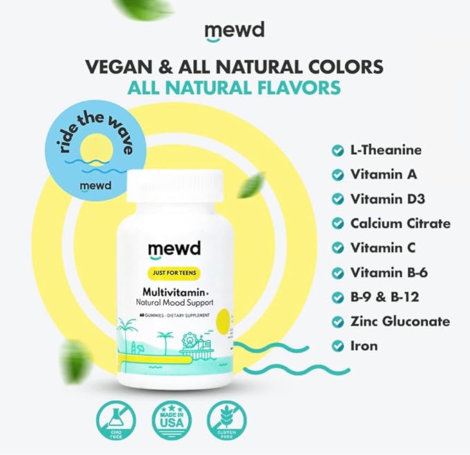 MEWD Teen and Kids Mood Support Multivitamin Gummies - Natural Focus &amp Calm with L-Theanine Vitamins A C D3 B6 B9 &amp B12 Plus Zinc &amp Iron - Vegan Immune Booster Gluten-Free Brain Hea