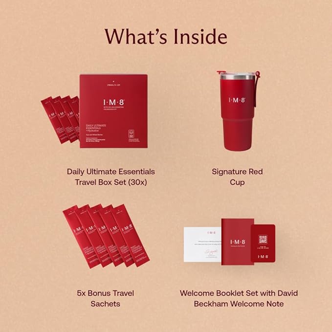 IM8 Daily Ultimate Essentials All-in-One Multivitamin Supplement 92 Nutrient Rich Ingredients CoQ10 Probiotics Vitamins Greens GF Acai Mixed Berry (30 Servings Travel Packs - Tumbler Included)