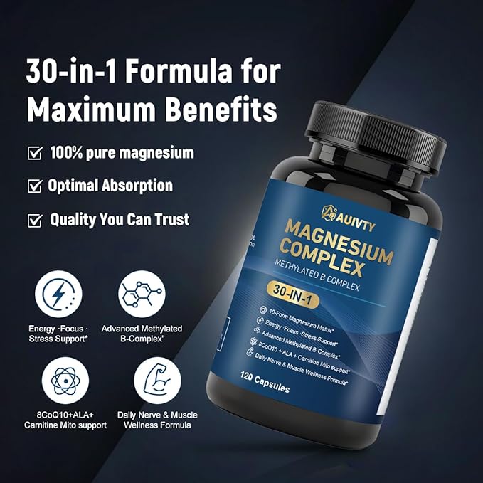 Magnesium Complex 30-in-1 10 Forms of Magnesium + Methylated B-Complex with CoQ10 Alpha Lipoic Acid &amp L-Carnitine 120 Capsules