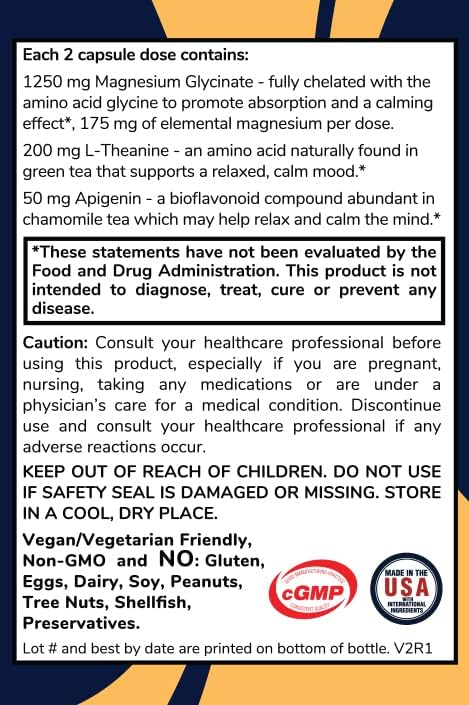 Magnesium Glycinate Sleep Stack with 200 mg L-Theanine 50 mg Apigenin 175 mg of Elemental Magnesium Glycinate | Sleep Support Magnesium Supplement | Made in USA