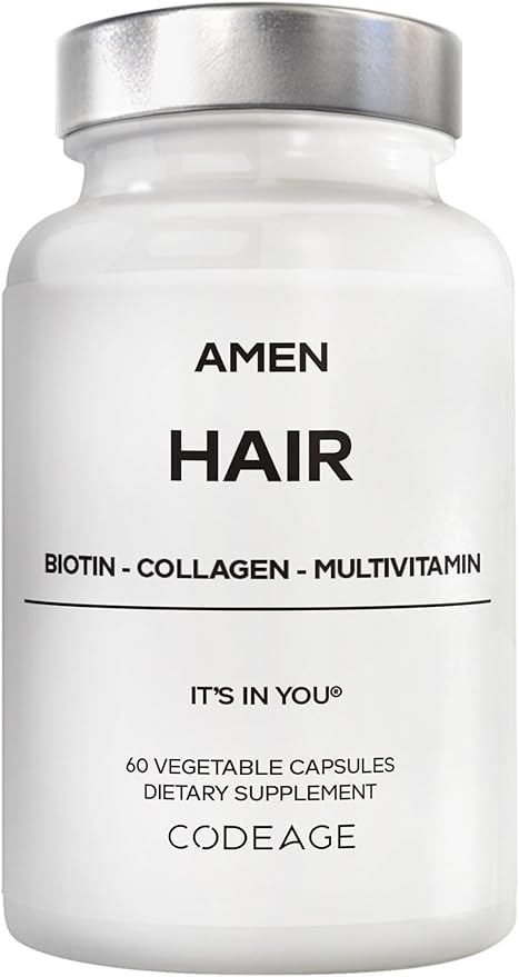 Amen Hair Vitamins - 10000 mcg Biotin Collagen Powder - Vitamin C D3 &amp E Pantothenic Acid MSM Zinc Hyaluronic Acid Inositol &amp Horsetail Extract - Non-GMO Hair Pill Supplements - 60 Cap
