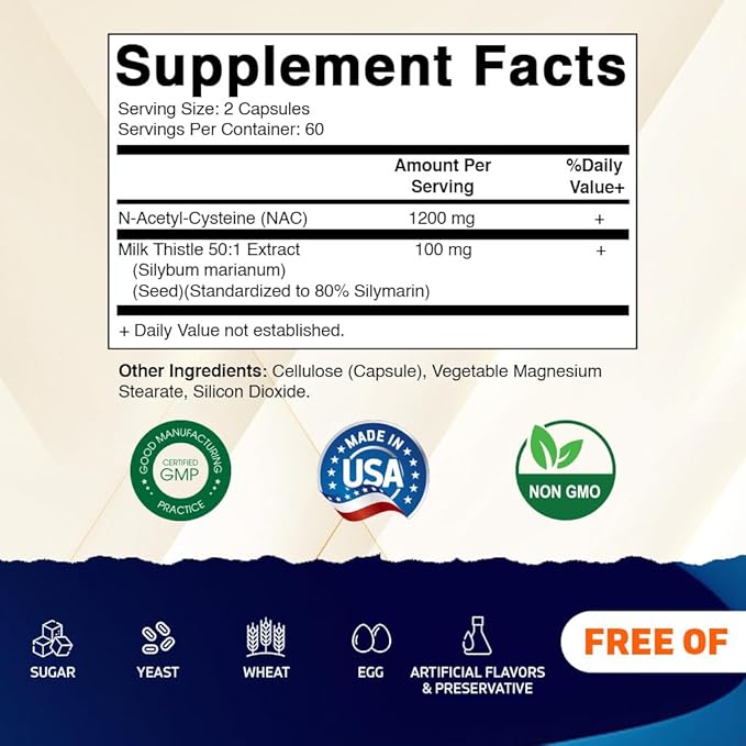 Vitamatic NAC Supplement N-Acetyl-L-Cysteine (NAC) with Milk Thistle 50:1 Extract - Supports Immune Respiratory Liver Health 1200 mg per Serving 120 Veg Capsules - 2 Pack