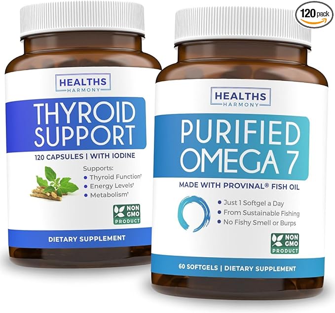 Omega 7 Softgels &amp Thyroid Support (2-Month Supply) Energy Fusion Bundle - Purified Omega-7 Softgels (60 Softgels) Provinal Peruvian Anchovy and Thyroid Support (120 Capsules) Healths Supplement