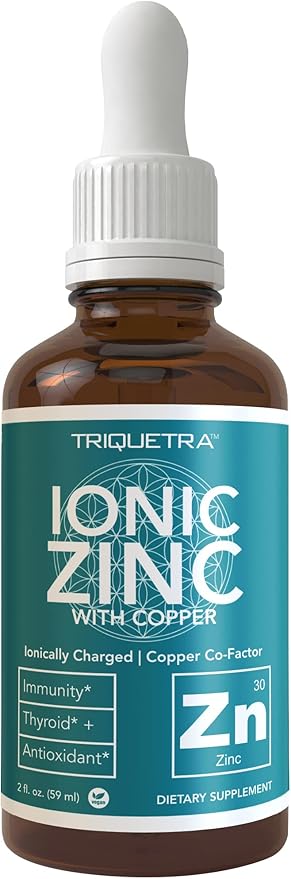 Ionic Zinc Plus Copper Liquid Concentrate 240 Servings Glass Bottle Vegan - Balanced Ratio of Zinc Copper - Supports Immunity Brain Thyroid (2 oz.)