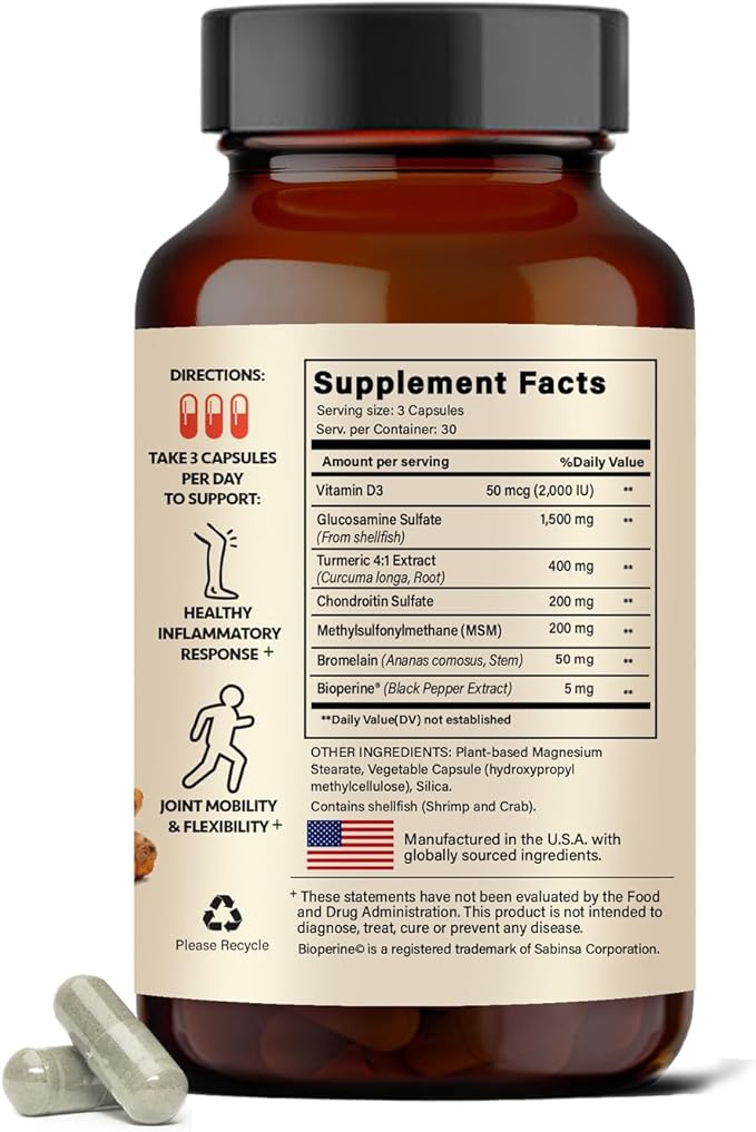 Articulacion Flex Joint Support Capsules – Glucosamine Sulfate 1500 mg with Chondroitin MSM Turmeric &amp Bromelain Joint Health &amp Mobility Supplement for Women &amp Men 90 Capsules
