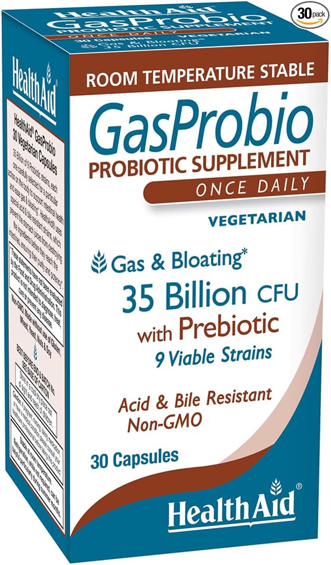 HealthAid GasProbio Digestive Support Probiotic 35 Billion CFU 9 Strains + Prebiotic Helps Support Digestive Comfort &amp Reduce Occasional Bloating – Acid &amp Bile Resistant Vegetarian 30 Capsul