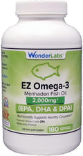 Wonder Laboratories EZ Omega-3 Atlantic Menhaden Fish Oil Supplement 2000 mg Burpless Made in The USA Perfect Balance of EPA+ DHA + DPA 180 Softgels