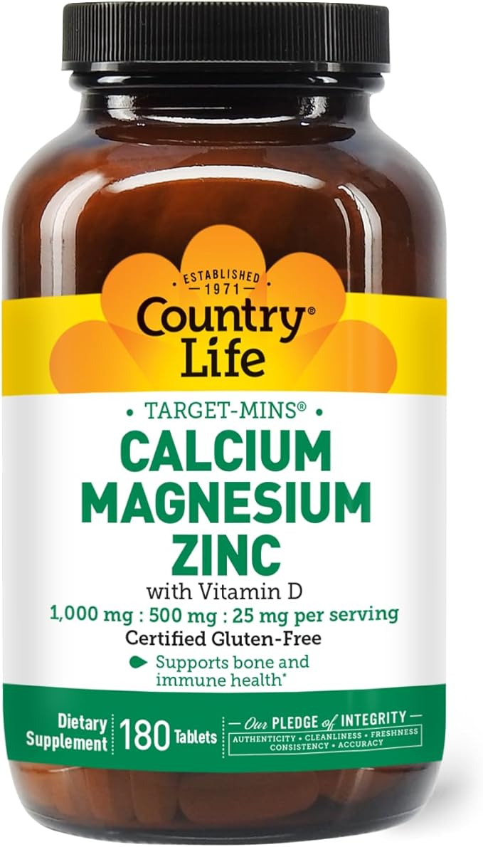 Country Life Calcium Magnesium Zinc with Vitamin D3 and L-Glutamic Acid Dietary Supplement for Bone Support Certified Gluten Free  1000mg/500mg/25mg 180 Tablets