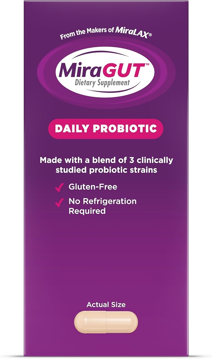 from The Makers of MiraLAX MiraGUT Daily Probiotic Probiotics for Digestive Health Gluten-Free Supplement Probiotic for Women and Men Support Overall Digestive Health 30 Ct