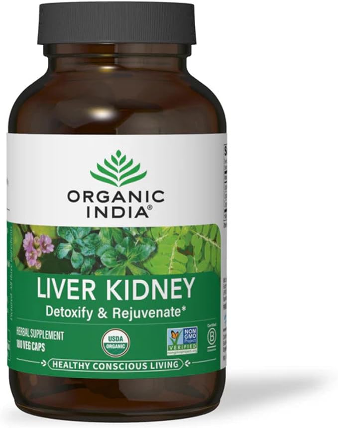 ORGANIC INDIA Liver Kidney Herbal Supplement - Detoxify &amp Rejuvenate Supports Healthy Liver &amp Kidney Function Vegan Gluten-Free Kosher USDA Certified Organic Non-GMO - 180 Capsules