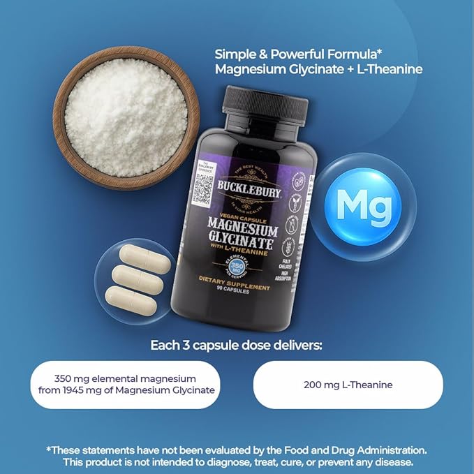 Bucklebury Magnesium Glycinate Capsules with L-Theanine 350mg - Advanced Formula for Stress Relief Muscle &amp Bone Health Support - Magnesium Glycinate Supplements for Women &amp Men - Vegan 90 Co