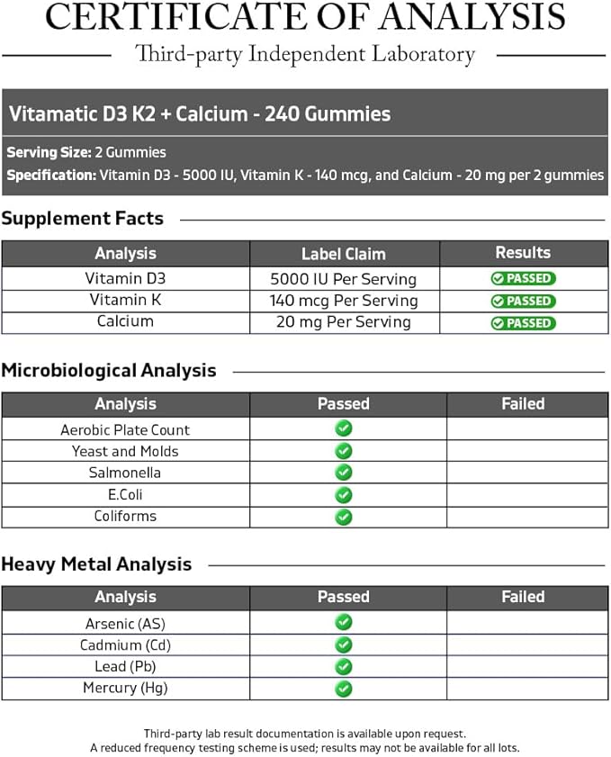 Vitamatic Vitamin D3 K2 with Calcium Gummies - 240 Count - Non-GMO Gluten Free