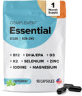 Complement Essential Vegan Multivitamin for Men &amp Women (30 Servings 90 Capsules) with Omega-3 DHA &amp EPA B12 Vitamin D3 &amp K2 Zinc Selenium Magnesium Iodine - Supports Immunity &amp