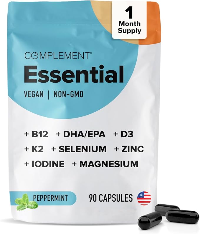Complement Essential Vegan Multivitamin for Men &amp Women (30 Servings 90 Capsules) with Omega-3 DHA &amp EPA B12 Vitamin D3 &amp K2 Zinc Selenium Magnesium Iodine - Supports Immunity &amp