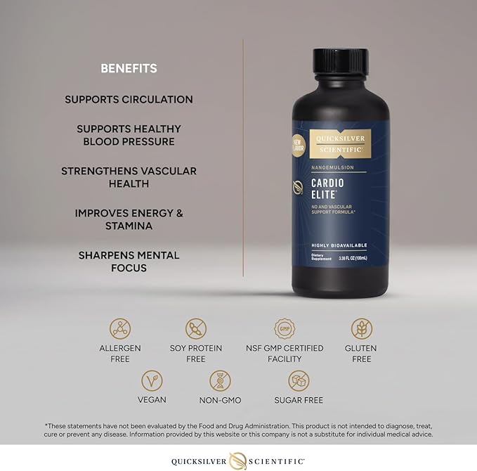 Quicksilver Scientific Cardio Elite - Liquid Supplement for Circulation &amp Energy Support - Nitric Oxide Aid - Rapid Absorption - Vegan Non-GMO &amp Gluten-Free - 3.38 fl oz (20 Servings)