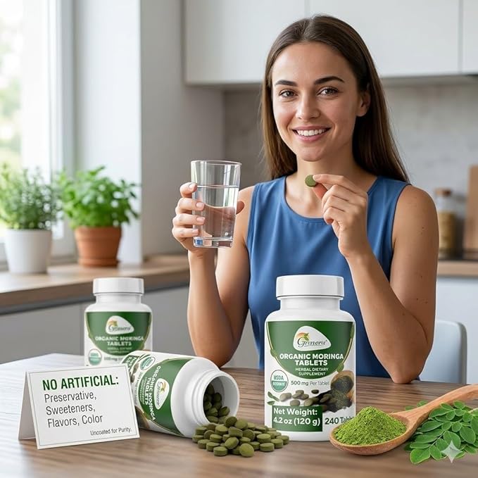 Grenera Organic Moringa Tablets 240 nos Uncoated USDA Organic Certified Malunggay Herbal Supplement No Chemical Coating Green Superfood Lab Tested for Purity