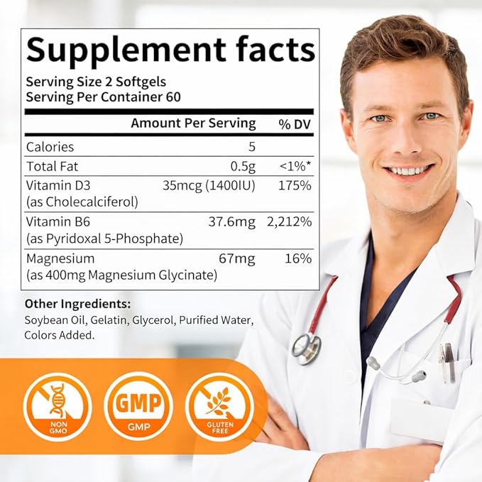 Magnesium Glycinate 400mg Softgels with Vitamin D3 &amp B6Small Easy to Swallow Gel CapsHigh Absorption Gentle on StomachSupports Sleep Muscle &amp CalmBone Health120 Softgels
