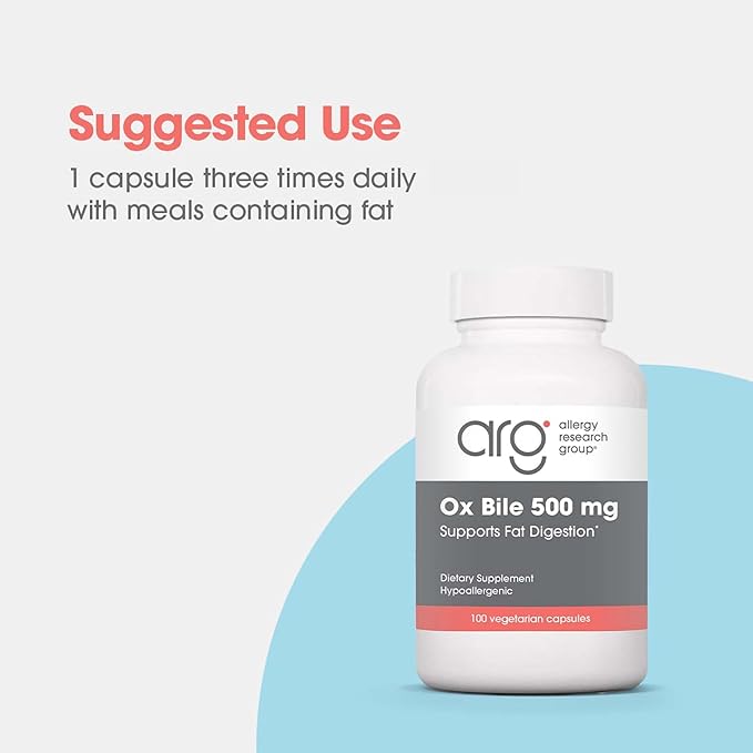 ARG Ox Bile 500 mg - Supports Fat Digestion - Delivers 500 mg Concentrated Bile Salts per Serving - Hypoallergenic &amp Vegetarian - 100 Servings - 100 Capsules