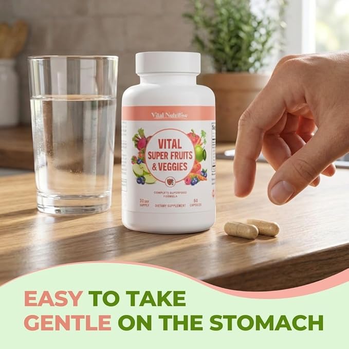 Vital Super Fruits &amp Veggies - Daily Superfood Capsules for Adults - Fruit and Veggies Supplement to Boost Immunity &amp Energy - 2-in-1 Formula for Overall Wellness - Fruit and Vegetable Capsule