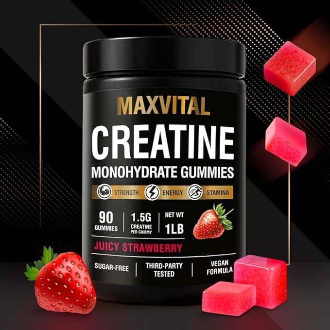 Creatine Monohydrate Gummies 1500 mg – Juicy Strawberry Chewable – Pre-Workout for Strength &amp Muscle Support – Vegan Sugar-Free &amp Halal – for Men &amp Women – 90 Gummies