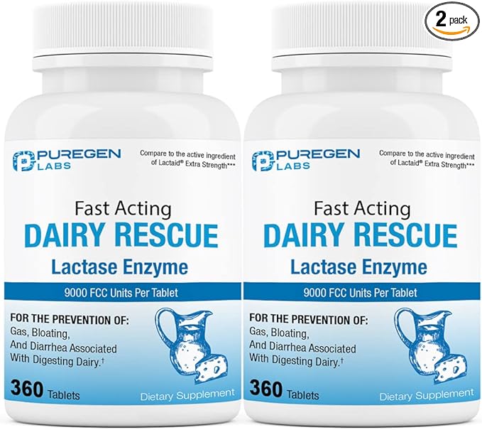 Puregen Labs Dairy Relief Fast Acting Lactase Enzyme 9000 FCC Lactose Intolerance 720 Total Tablets