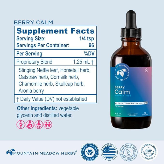 Mountain Meadow Herbs Berry Calm for Kids – Herbal Calcium Supplement for Strong Bones Teeth Focus &amp Relaxation Great Tasting Liquid Formula 4 oz