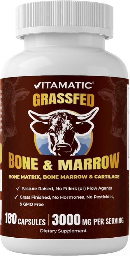 Vitamatic Grass-Fed Beef Bone &amp Marrow 180 Capsules – Freeze-Dried Non-GMO Bovine Liver Supplement – Pasture-Raised Glandular-Based Formula