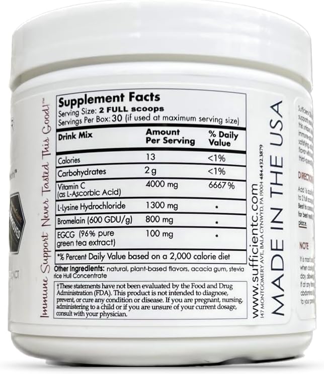 Sufficient-C High-Dosed 4000 mg. Vitamin C Lemon Peach Immune-Ade Drink Mix 250 gram Size - Refreshing with Generously Dosed L-lysine Bromelain &amp 96% Pure Caffeine-Free Green Tea Extract