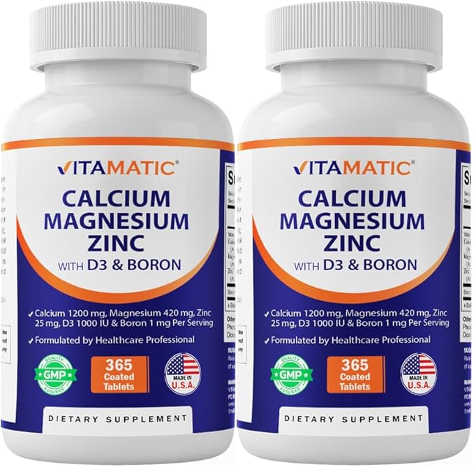 Vitamatic Calcium Magnesium Zinc D3 Boron | 365 Coated Tablets Supplement | Calcium 1200 mg Magnesium 420mg Zinc 25mg Vitamin D3 1000 IU Boron 1 mg | Non-GMO | Gluten Free | Made in USA-2 Pack