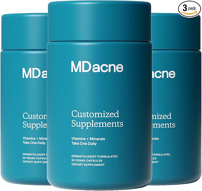 MDacne Vitamins and Minerals Skin Clearing Supplements (3-Pack) - 30 Vegan Capsules - Supports Topical Acne Treatment &amp Promotes Clear Calm Skin Redness &amp Pore-Clogging - Dermatologist Formu