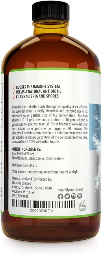 Kaiame Naturals Colloidal Silver Ionic Silver Solution 10 PPM Large 32 oz Glass Bottle Natural Immune Support Supplement Safe for Adults Children and Pets