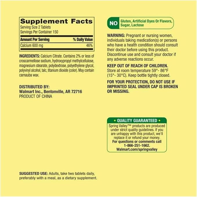 Spring Valley Calcium Citrate Tablets Dietary Supplement for Bone &amp Joint Health 600 mg 300 Count