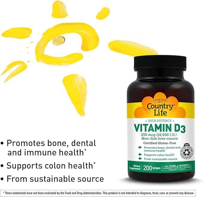 Country Life Vitamin D3 10000 IU – High Potency Non-Fish Source – Bone &amp Immune Support – Certified Gluten-Free – 200 Softgels