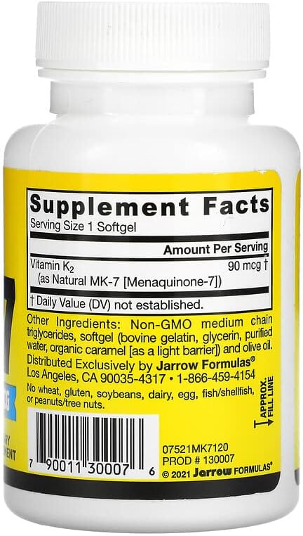 Jarrow Formulas MK-7 90 mcg - 120 Softgels Pack of 2 - Superior Vitamin K Product for Building Strong Bones - Supports Heart &amp Cardiovascular Health - 240 Total Servings
