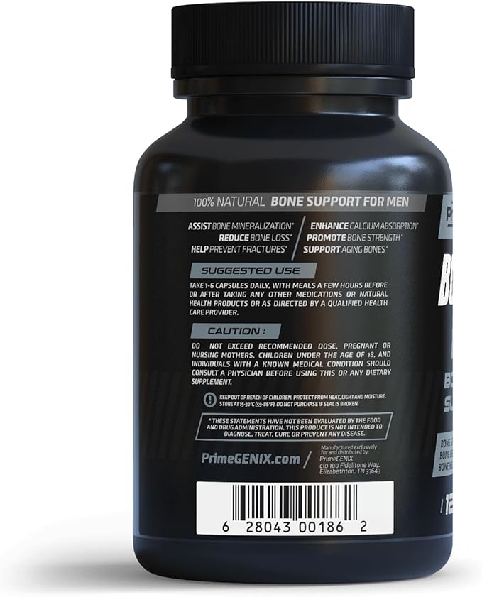 PrimeGENIX Bone Complex – Advanced Bone Strength Supplement for Men 40+ with MCHA Calcium Vitamin D3 K2 Magnesium and Zinc – Supports Bone Density and Active Lifestyles – 120 Capsules