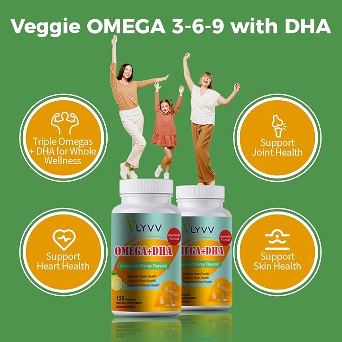 Omega Plus DHAfor Adults and Kids Lemon Flavor -120 Gummies - Omega 3 6 9 and DHA - Promotes Brain &amp Heart Health - Veggie - 40 Servings (1)