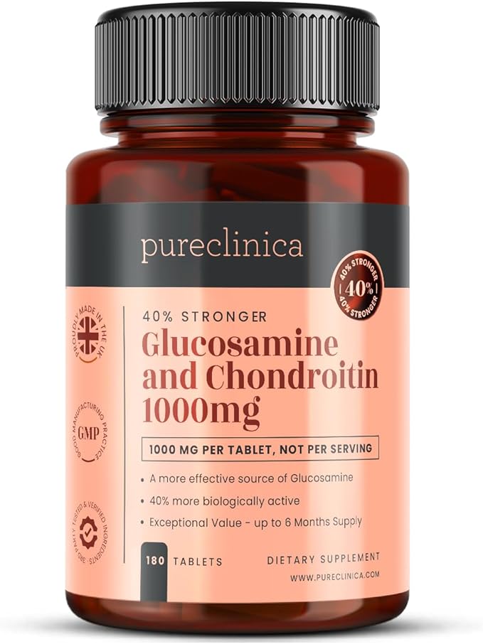 pureclinica 1000mg Glucosamine HCL &amp Chondroitin x 180 Tablets - 6 Months Supply. The Most Effective and Biologically Active: Chondroitin 90% Glucosamine HCL 83.1%