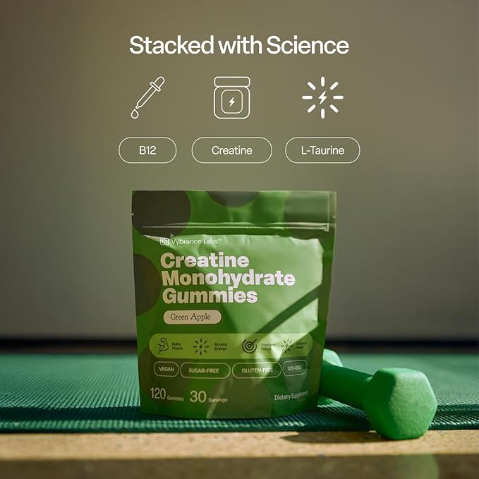 VYBRANCE LABS Creatine Gummies for Women &amp Men — First &amp Only 5g Creatine + Taurine + Vitamin B12 | Vegan Creatine Gummies | Sugar-Free | Sour Green Apple