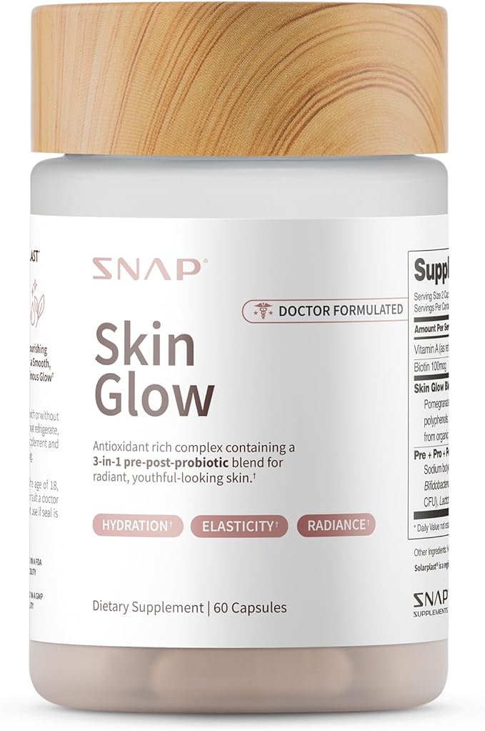 Snap Supplements Skin Glow - Gut &amp Skin Probiotics for Women &amp Men with Vitamin A Biotin &amp Clinically Studied Spinach to Support a Radiant Healthy-Looking Appearance 60 Capsules (1 Mont