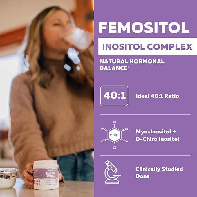 FemoSitol Inositol Powder | Myo-Inositol &amp D-Chiro Inositol Complex - Clinically Proven 40:1 Ratio (Vitamin B8) | Hormonal Balance &amp Healthy Ovarian Function Support (123 gram – 60 Servings)