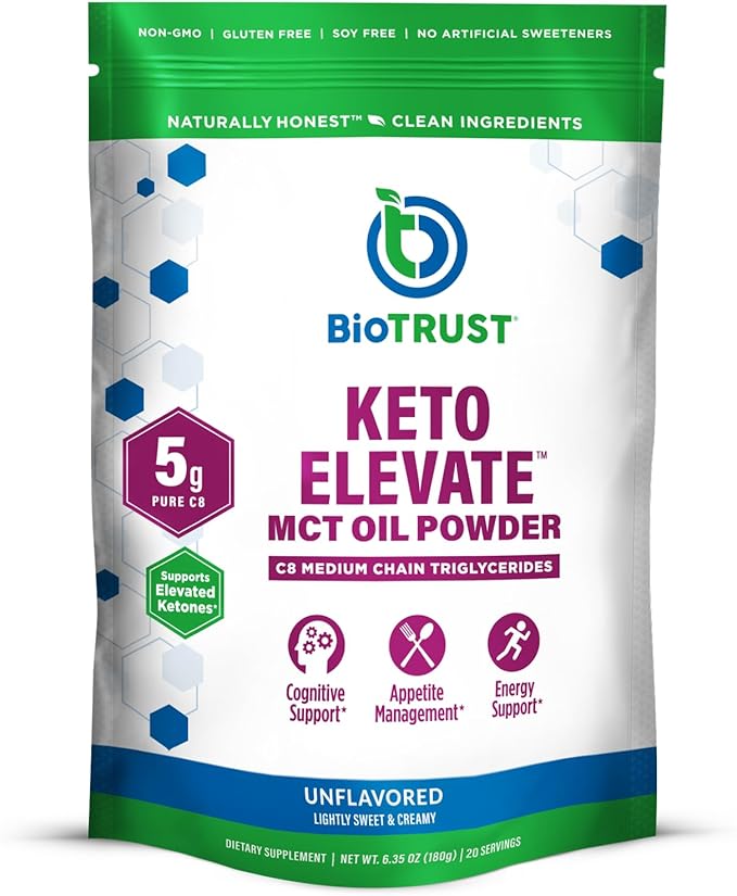 BioTrust Keto Elevate – C8 MCT Oil Powder – Ketogenic MCT Coffee Creamer Keto Coffee Creamer – Clean Energy Mental Focus &amp Clarity – 100% Caprylic Acid MCT Powder Non-GMO (Unflavored 20 Servin