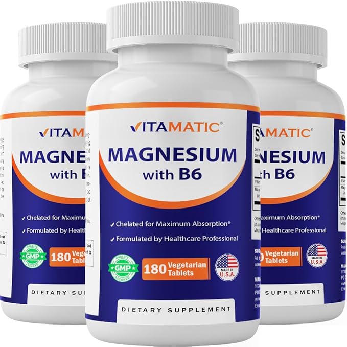 Vitamatic Magnesium with B6-180 Vegetarian Tablets (Uncoated) - Added B6 for Maximum Absorption - Supports Muscle Joint and Heart Health - 3 Pack