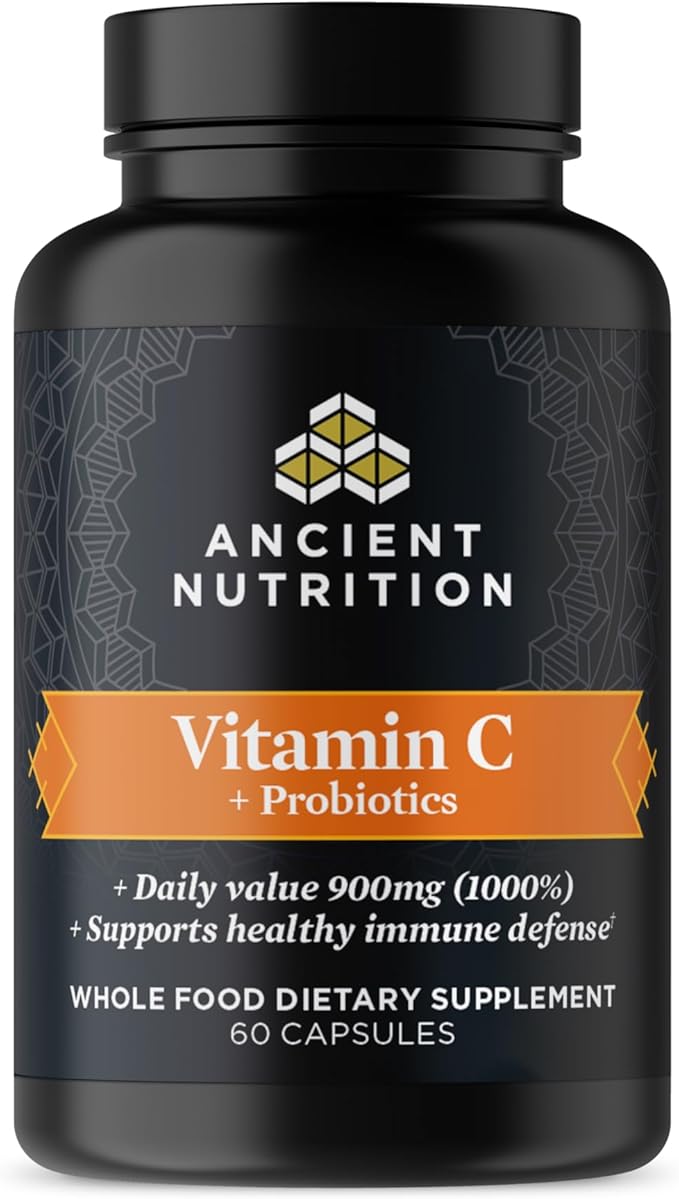 Ancient Nutrition Probiotics and Vitamin C Supplement Supports Healthy Immune System and Gut Health Made Without GMOs Superfoods Supplement Paleo and Keto Friendly 30 Servings