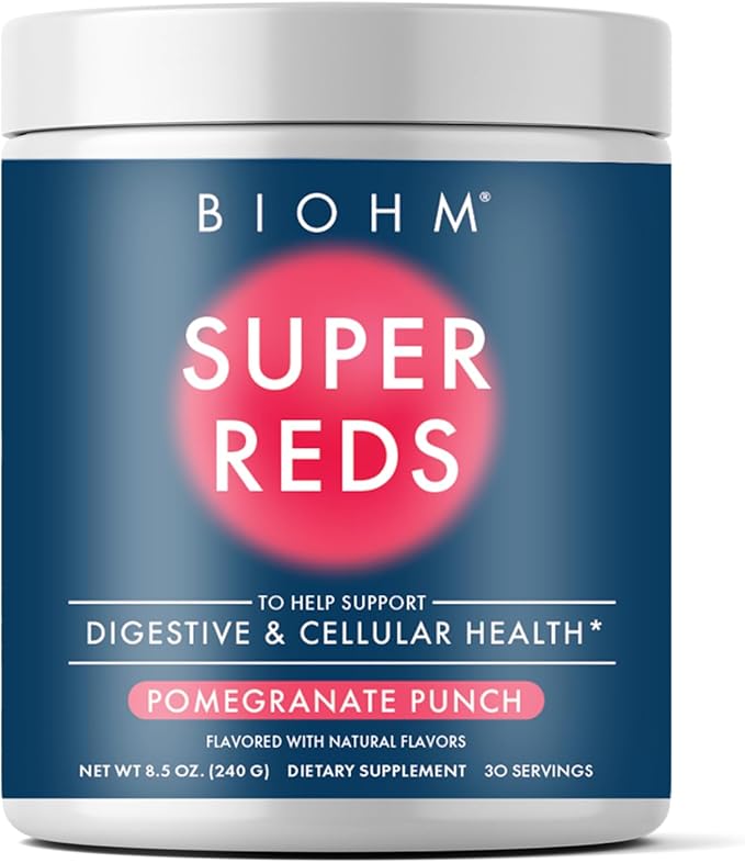 BIOHM Super Reds Beet Root Powder Antioxidant Smoothie Mix with Tart Cherry Extract and 19 Red Whole Foods Packed with Prebiotics and Probiotics Non-GMO Red Berry Flavor 30 Servings