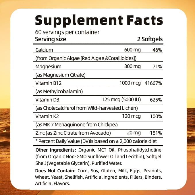 Vitamin D3 K2 B12 with Calcium Magnesium Zinc – 6-in-1 Bone &amp Muscle Support Complex | High Potency D3 5000 IU + K2 MK7 for Calcium Absorption Mobility &amp Energy | Non-GMO 120 Softgels