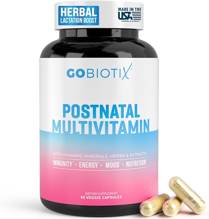 GOBIOTIX Postpartum Vitamins for Breastfeeding Moms - Postnatal Lactation Supplement with Organic Herbs Minerals Nutrients for New Mothers and Baby - Postpartum Essentials Non GMO Vegan 60 Caps