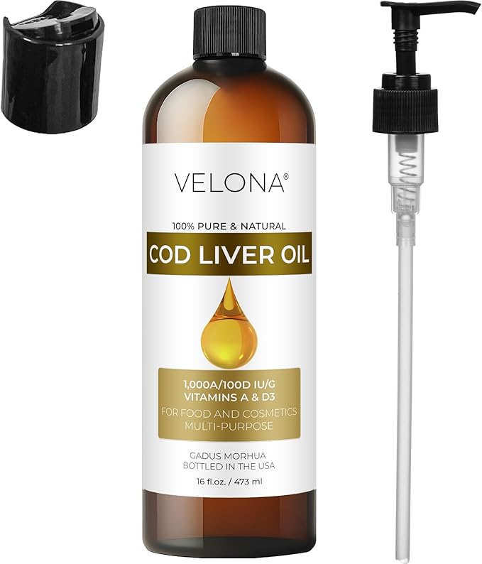 velona Cod Liver Oil - 16 Fl Oz | 1000A/100D IU/g Omega 3 Vitamins A &amp D3 | Norwegian Arctic Sustainably Sourced Nordic Oil | Hair Body and Skin Care | Use Today - Enjoy Results