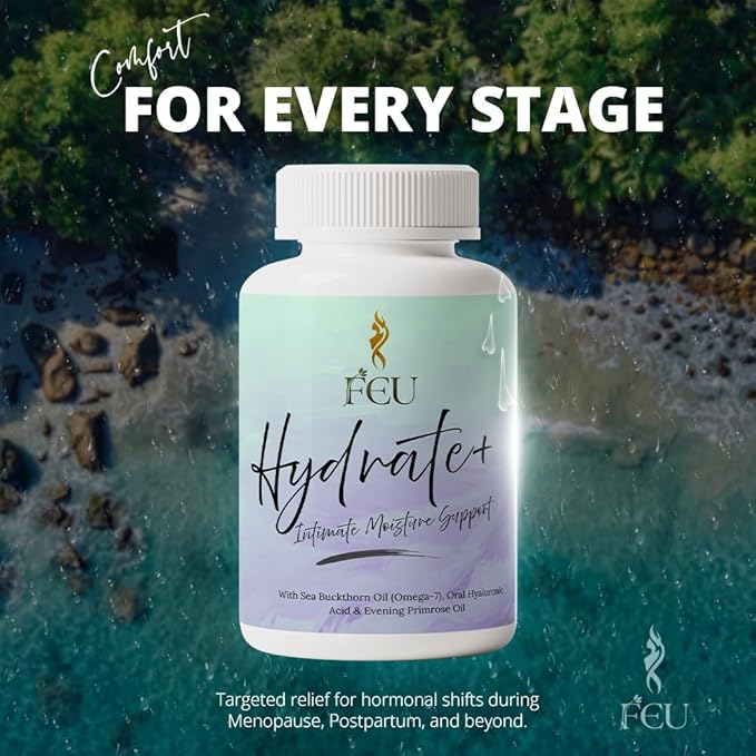 FEU Hydrate Plus – Women’s Intimate Moisture &amp Skin Hydration Support – Sea Buckthorn Oil (Omega-7) Evening Primrose Oil Hyaluronic Acid Sea Moss &amp Vitamin E – 120 Vegan Capsules (40 Servin